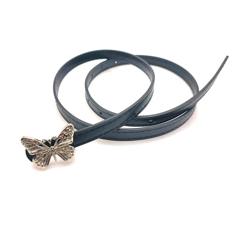 

Bronze Butterfly Buckle Black Ladies Belts For Jeans Shirt Retro Classic Fashion Women‘s Waist Decorative Narrow adjustable