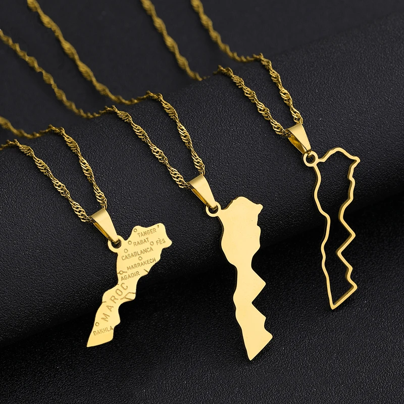 Afrikanische Marokko-Karte, Stadt-Anhänger-Halskette, Edelstahl, für Männer und Frauen, Nadelhaut, Kakarten, Schmuck, Geschenk