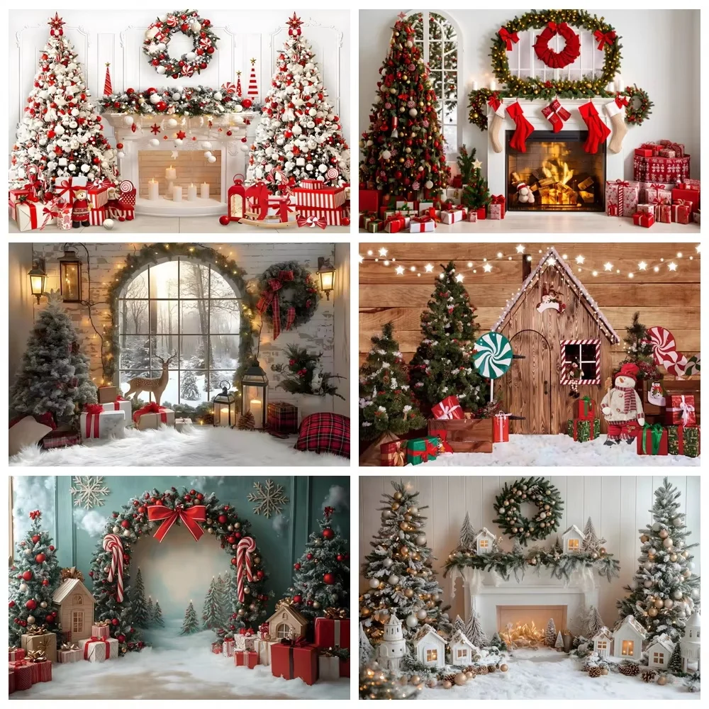 Photo Backdrop Laeacco Old Brick Fireplace Christmas Tree Gift Teddy Bear Baby Photography Background Photocall Photo Studio
