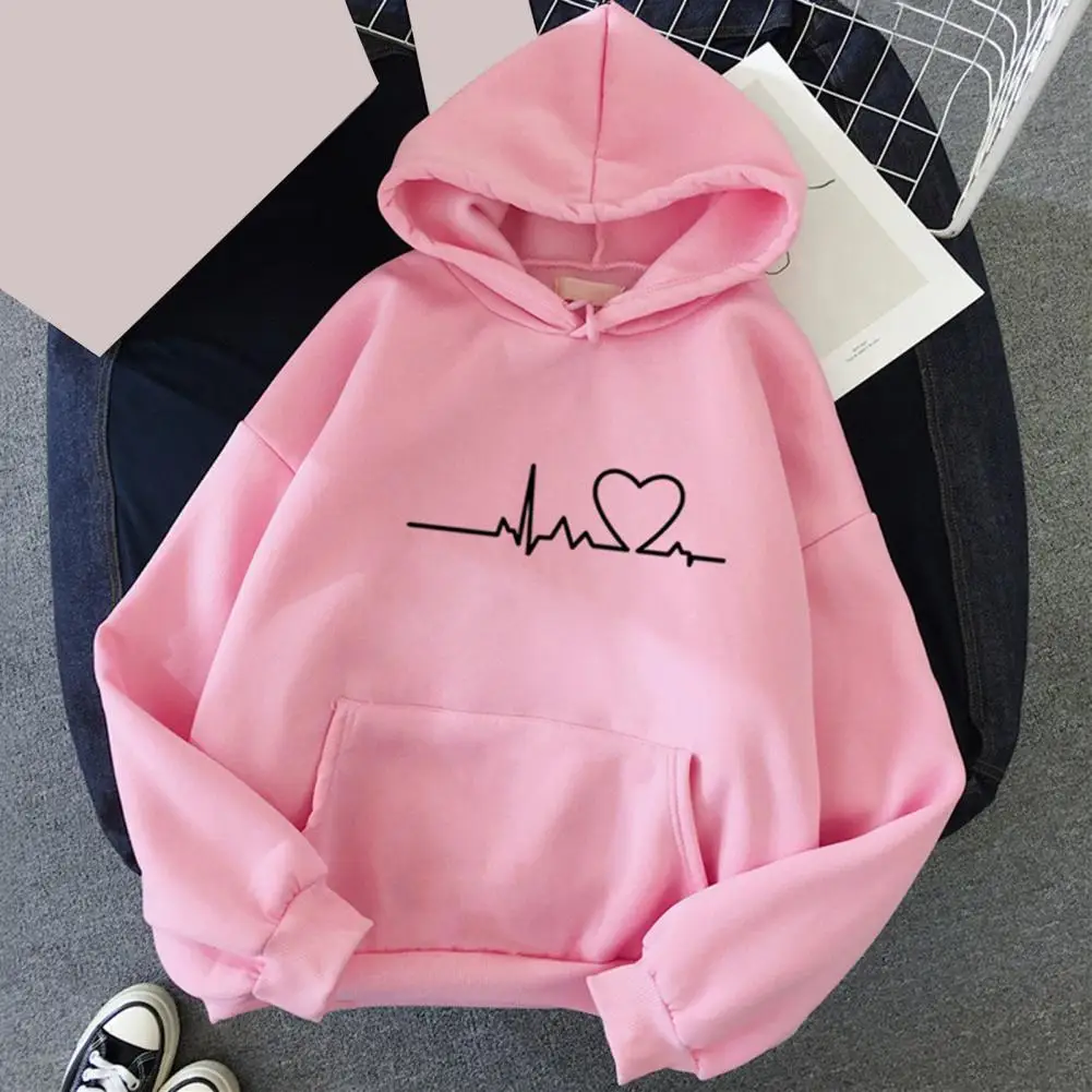 

Couple Fall Winter Hoodie Print Loose Elastic Cuff Big Pocket Hooded Drawstring Soft Warm Unisex Daily Pullover Hoodie