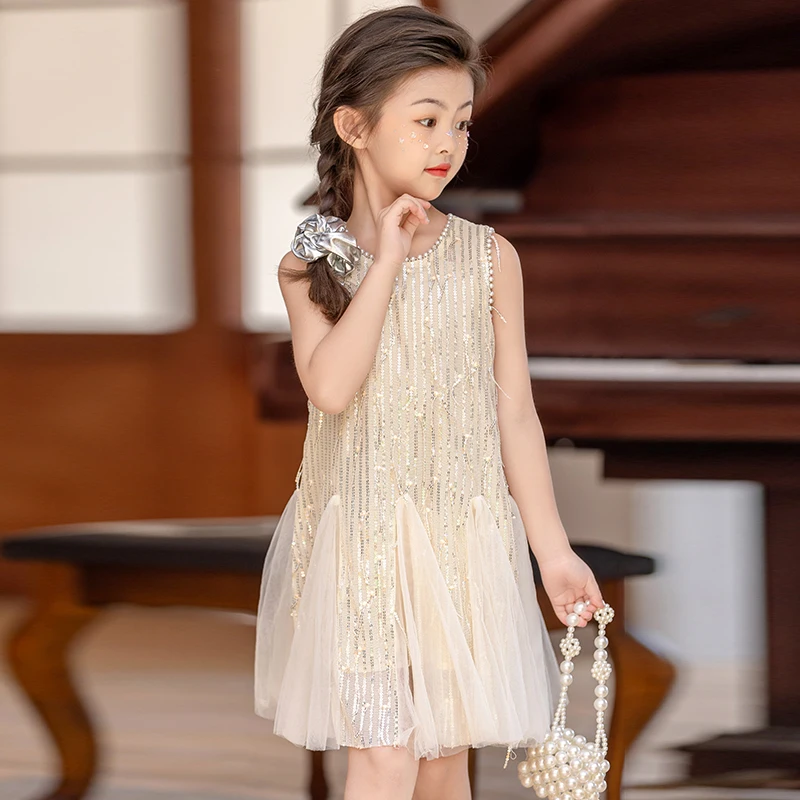 Beige baby girls dress Pearl tassel sequin vest Princess Party