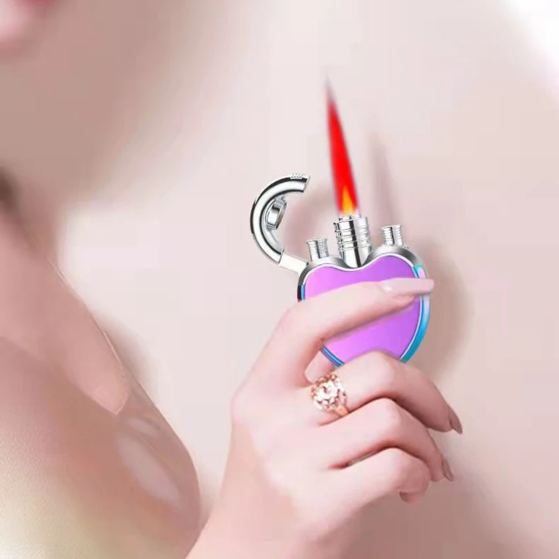 

Portable Metal Butane Gas Lighter Creative Heart Shape Outdoor Windproof Straight Flush Red Flame Cigar Lighter Men's Gift