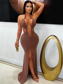 Beyprern New Chic Halter V Neck O Rings Long Maxi Dress Glam Women Sexy Backless Ruched High Slit Party Dresses Birthday Outfits 1