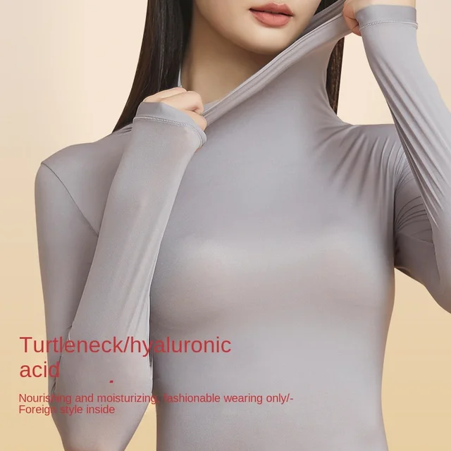 Haut de beauté en peau pour femmes, col empilé, col haut, manches longues, haute élasticité, sous-vêtements thermiques sans couture, chemise de Base pour femmes 1