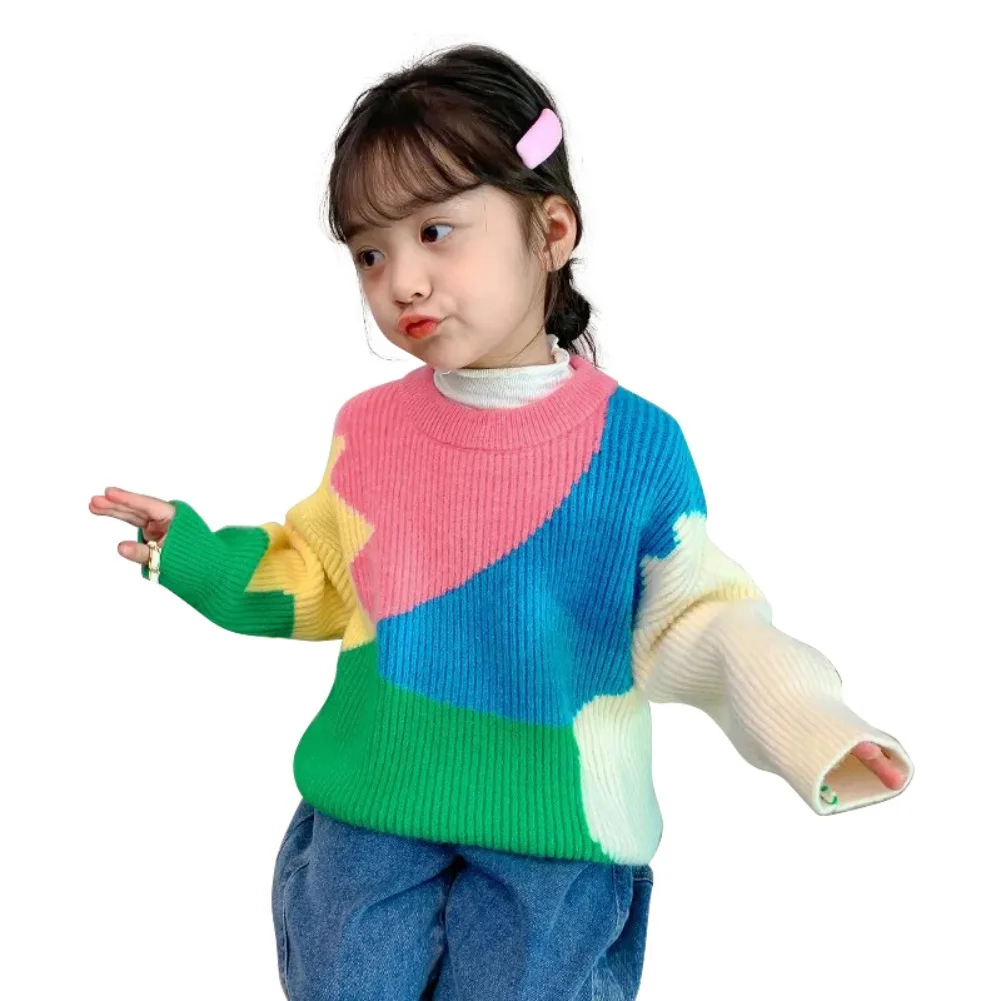 여아용 라운드 넥 패치워크 컬러 충돌 긴팔 스웨터, 풀오버 니트 스웨터, 2-7 세