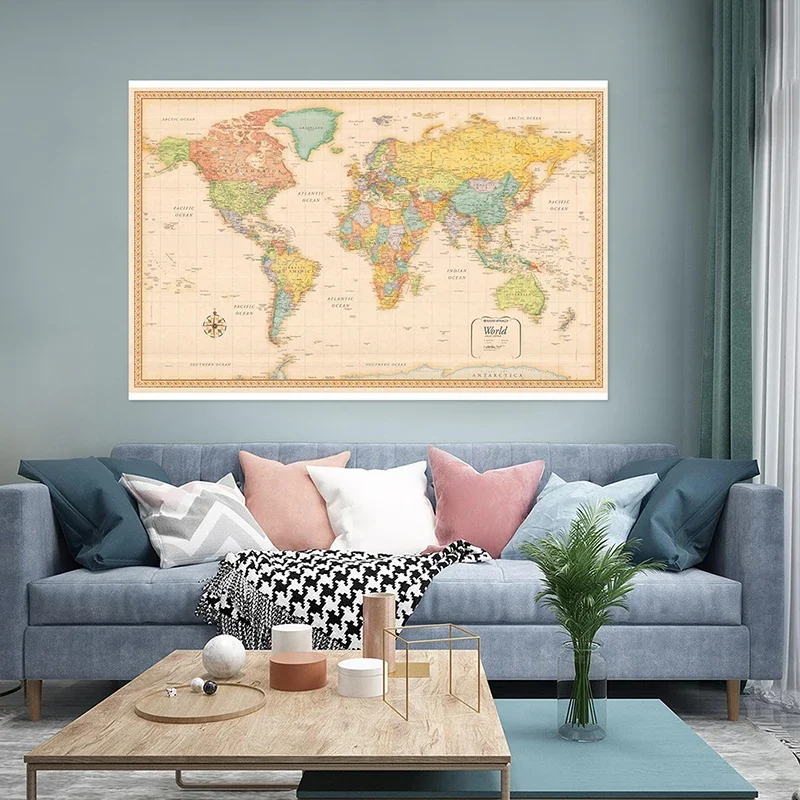 World Map Classic Edition Vinyl Spray Wall Decor Hanging Picture Poster Prints Backdrop for School Home Office Supplies 120x80cm
