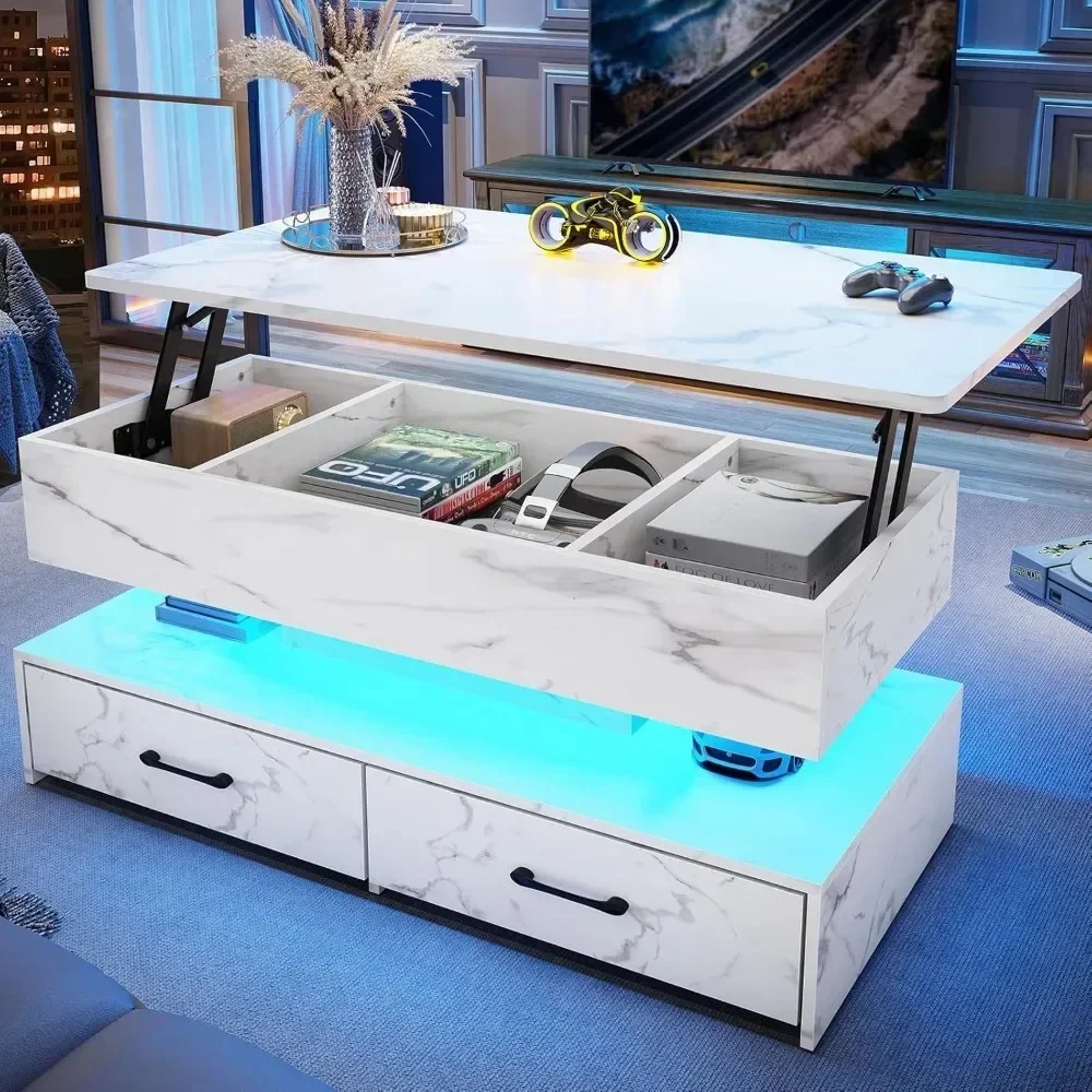 40 Inch Lift Coffee Table, Living Room Coffee Table with Storage, Small Coffee Table with 2 Drawers and LED Light