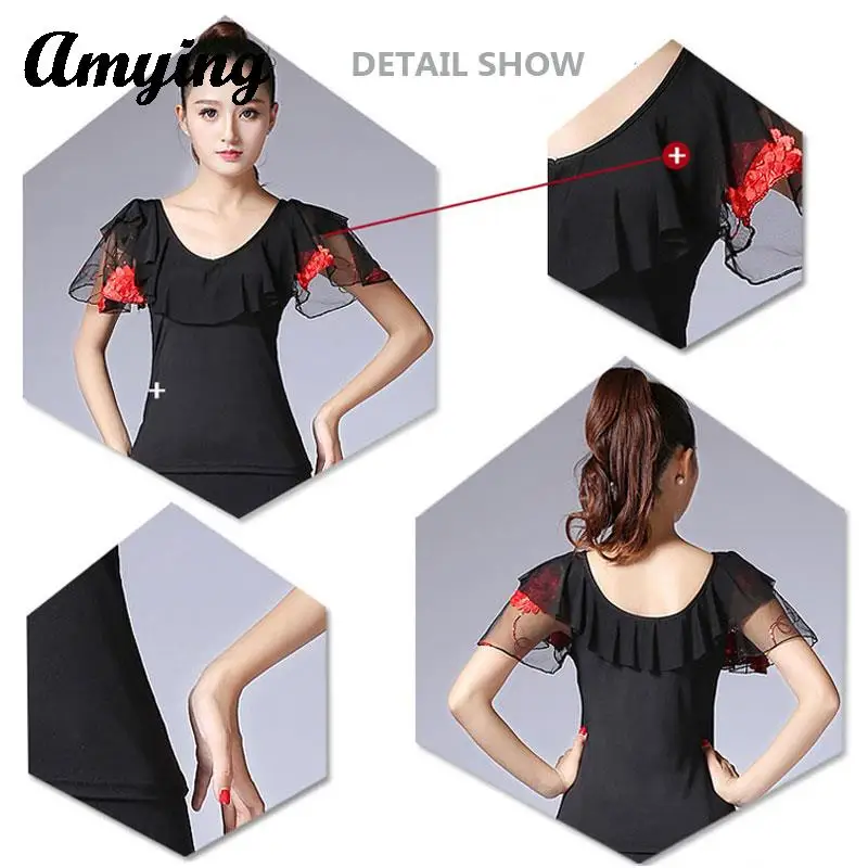 Ladies Tops Modern Dance Short Sleeve Tops Women Square Performance Practice Training Costume Horn Sleeve Top Plus Size