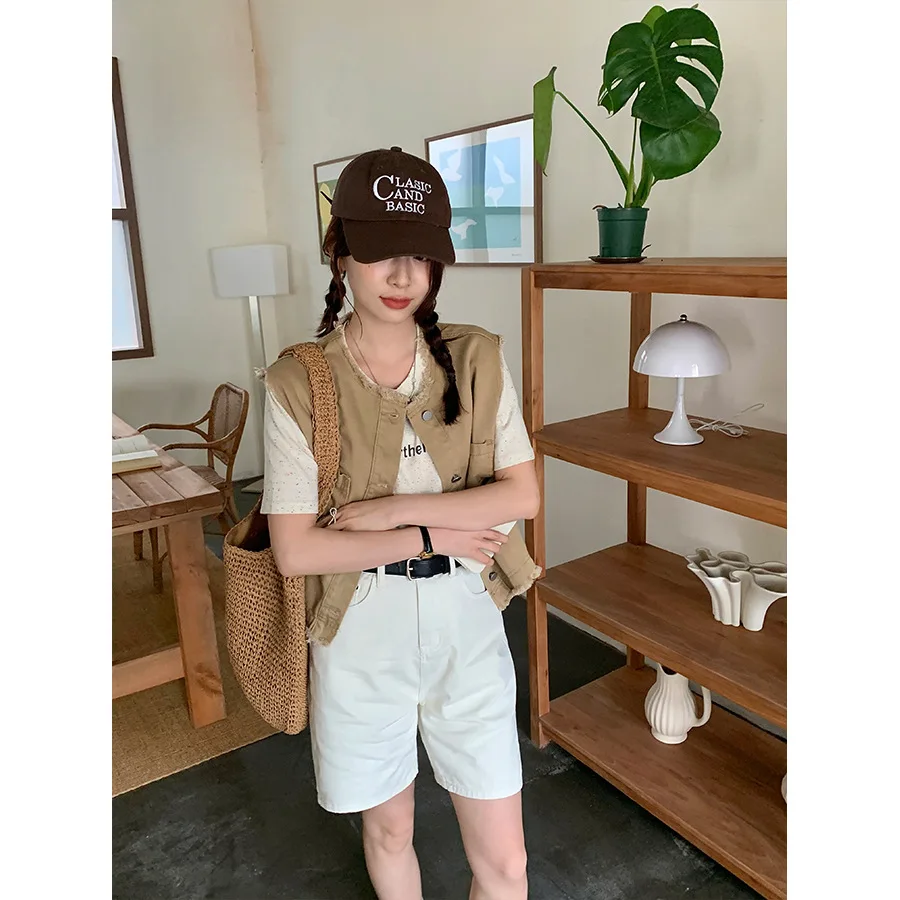 small design embroidered five point denim shorts for women's Spring/Summer Korean wide leg casual pants