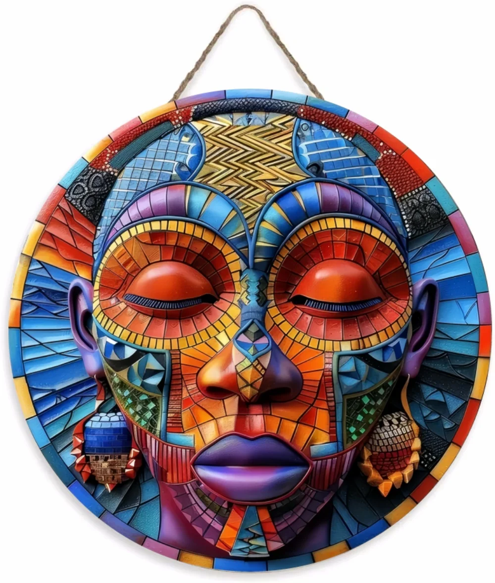 Colorful Tribal Face 2D African Mask Metal Wall Art Cultural Decor Display Disc