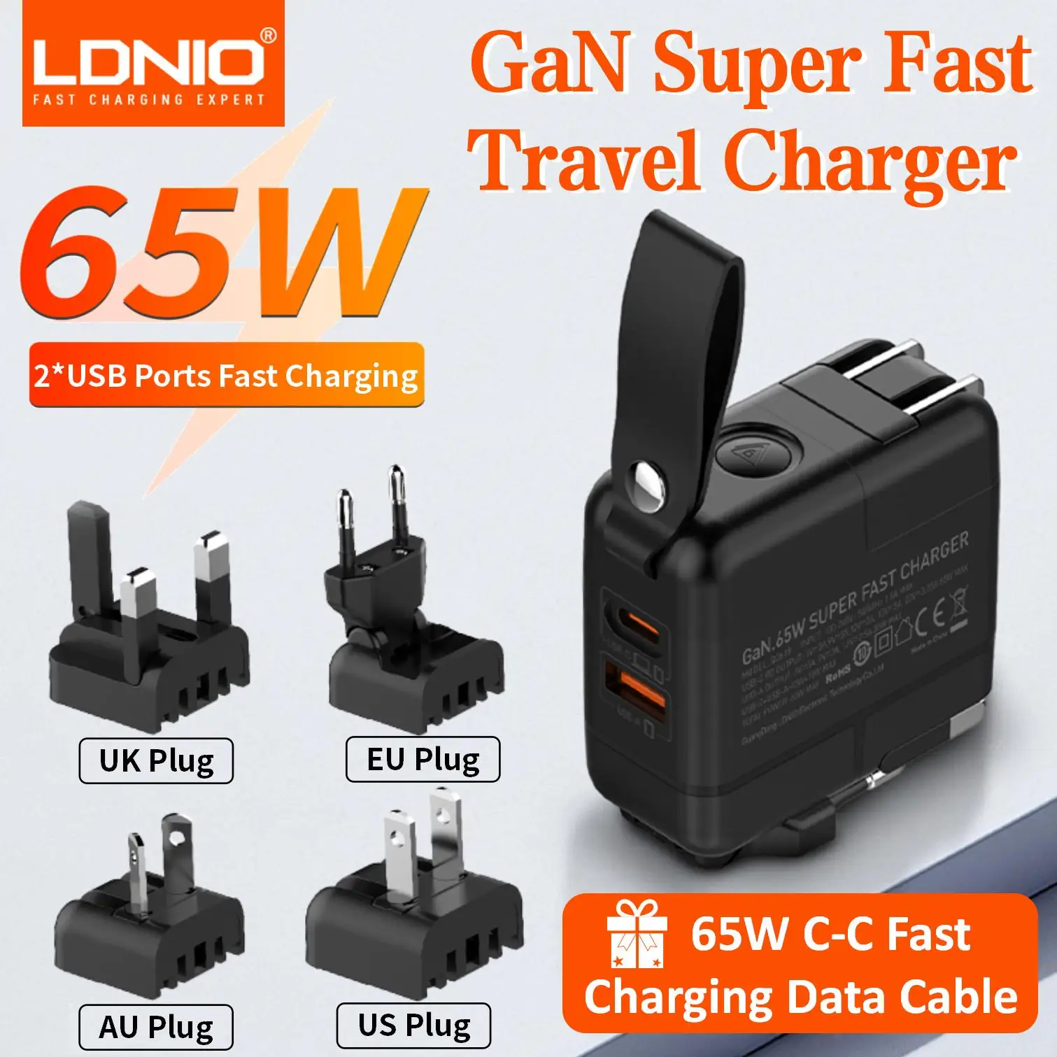 LDNIO 65 واط USB C شاحن GaN شاحن السفر 2 USB منافذ شحن سريع محول السفر العالمي المملكة المتحدة/الاتحاد الأوروبي/الولايات المتحدة الأمريكية/الاتحاد الأفريقي التوصيل لأجهزة الكمبيوتر المحمولة