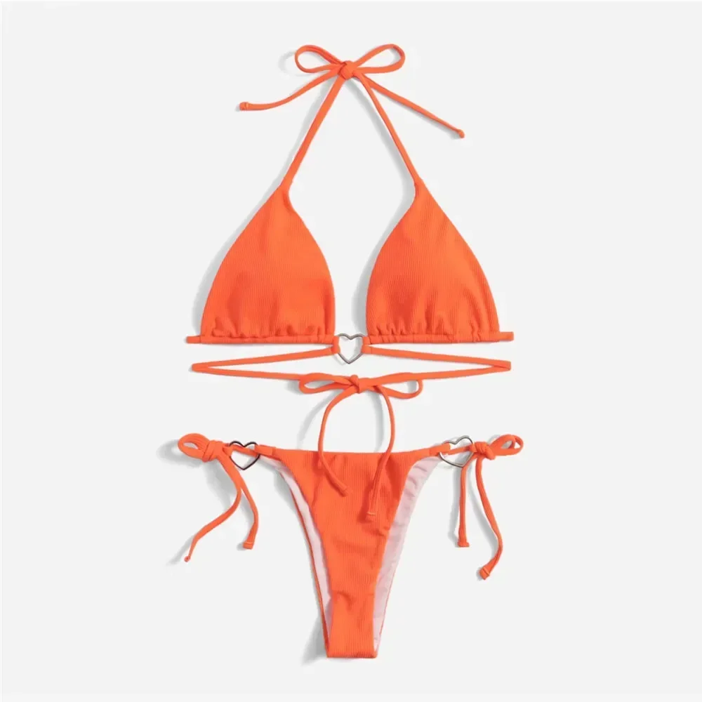 Sexy Swimsuit Women Black Halter String Triangle Micro Bikini Thong Heart Ring Ribbed Swimwear Bathing Suit Bikinis Sets 2025