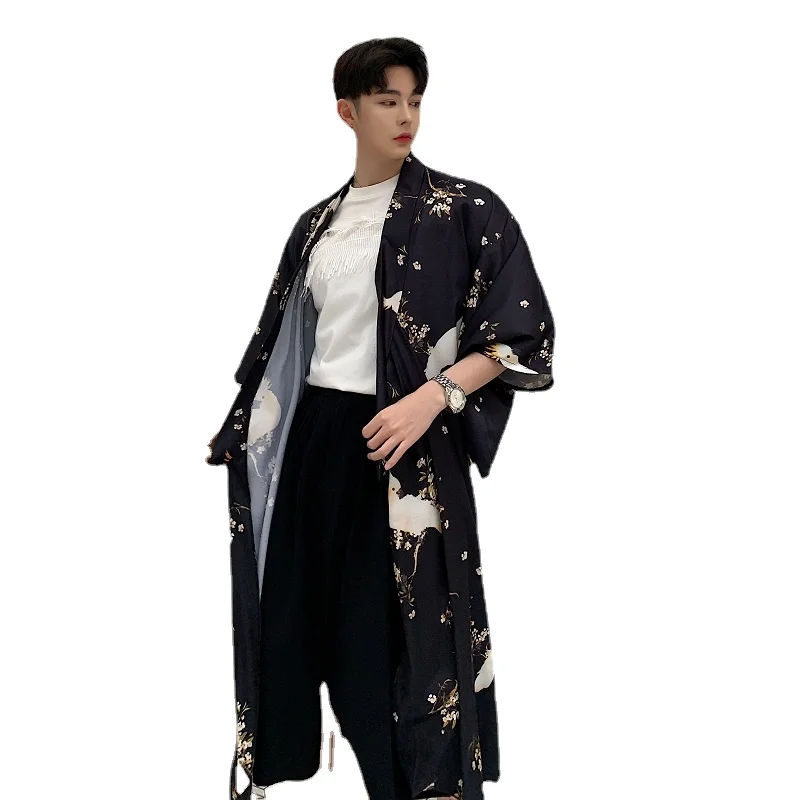 Men Print Japan Fashion Loose Casual Vintage Long Kimono Cardigan Shirt Night-robe Trench Coat Sunscreen Beach Jacket Robe trench coat casual men jacket