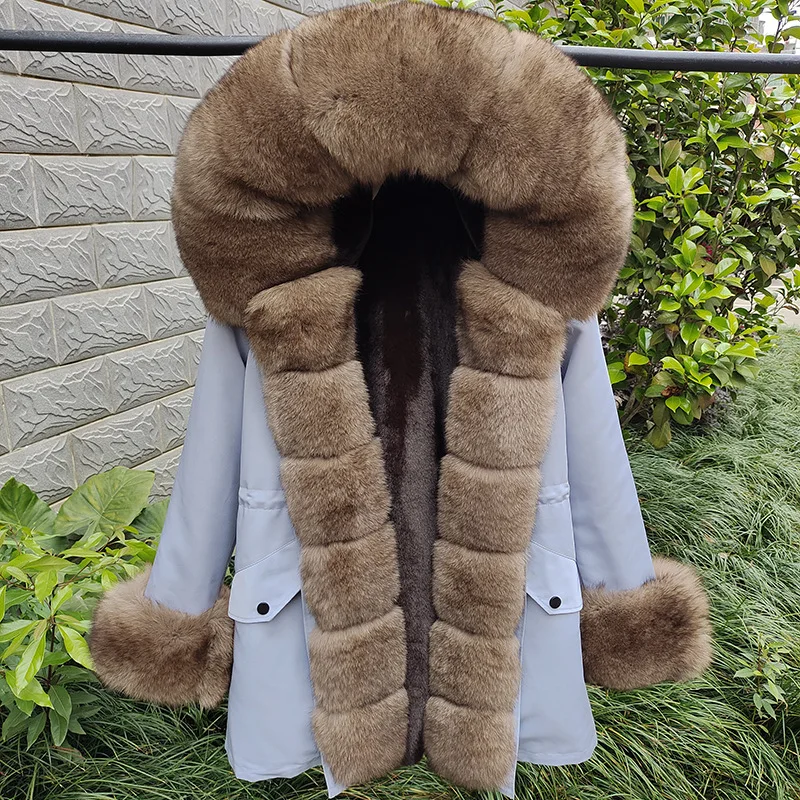 Popular Super Large Fox Fur Collar Placket Warmth Pai Ke Fu New Fashion Style Keep Warm Coat For Women  Black Real Coat