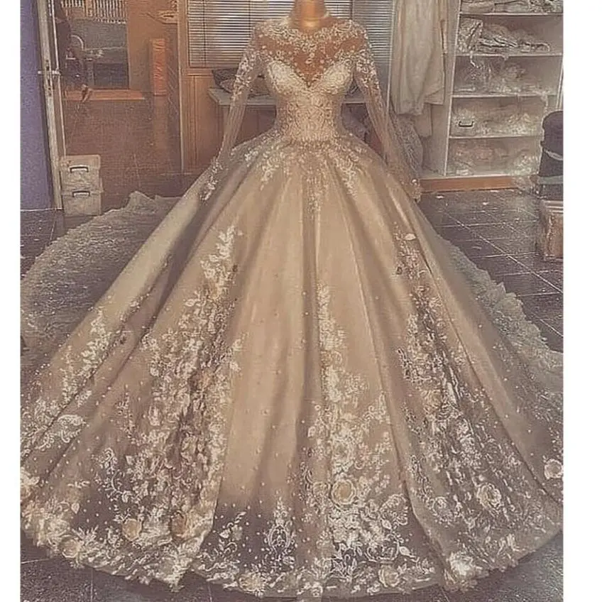 S7aba2bdf029747a280c51f2f207081c2J Gorgeous Khaki Heavy Hand Embroidered Flowers Polka Dot Long Sleeves Wedding Dresses for Woman Mallzona