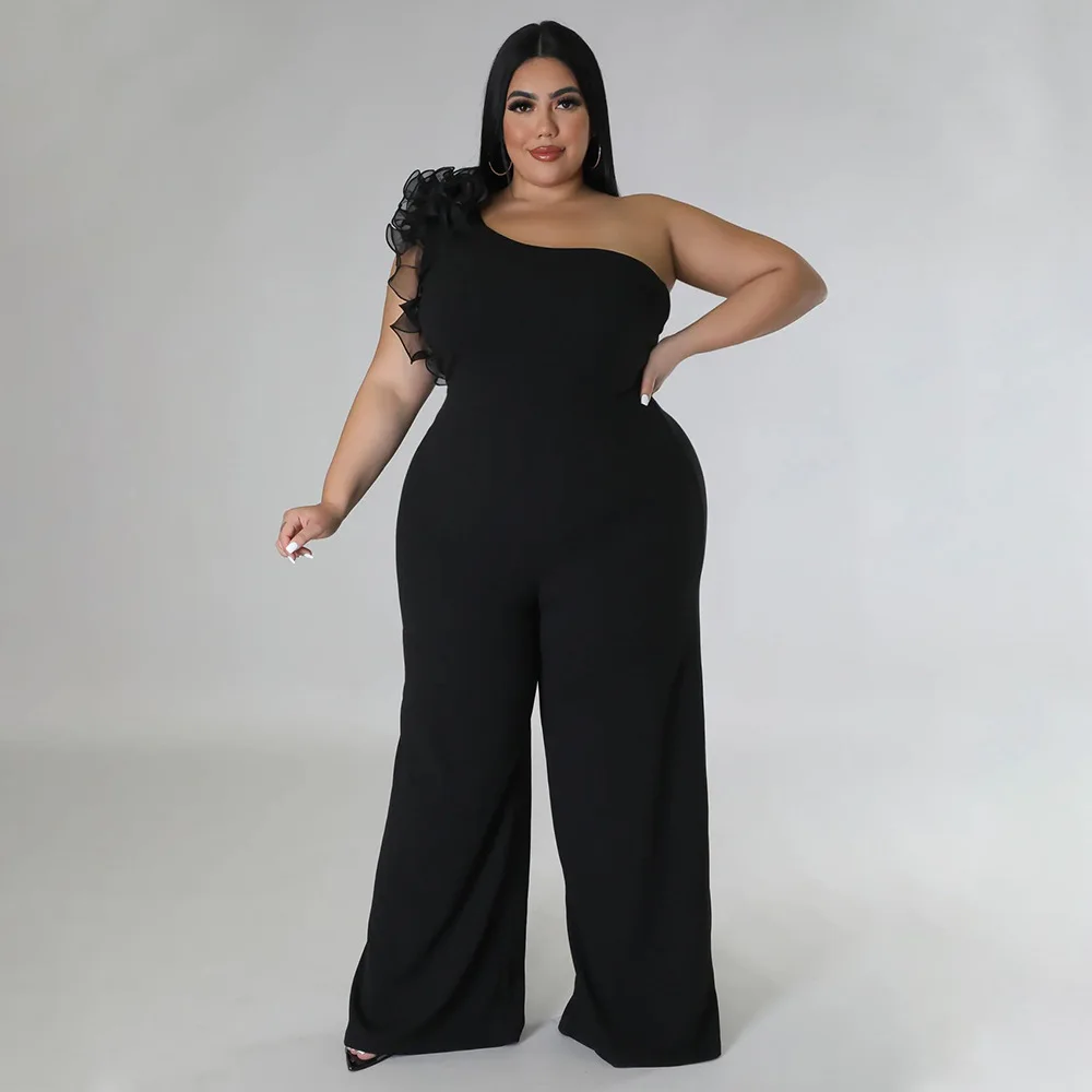 Plus Size One Piece Clothing Women Mesh One Shoulder Casual Outfit Lady Wide Leg Pants 2023 Spring Female Fashion 4xl Jumpsuit