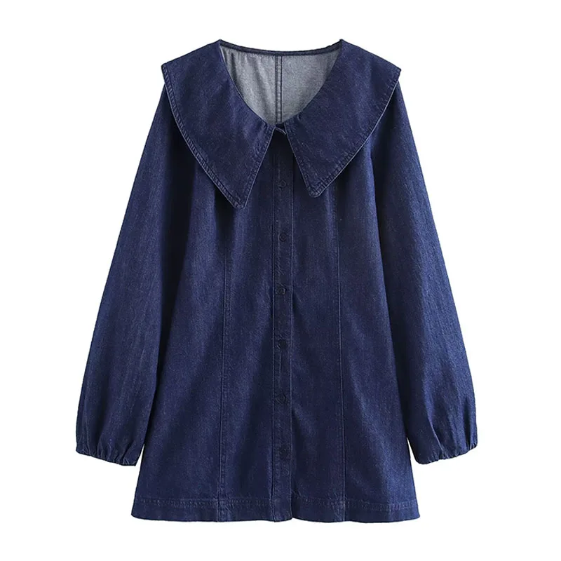 thumbnail image 1 of HH TRAF 2024 Vestidos de moda para mujer Vestido mini de otoño de una sola botonadura con cuello vuelto azul vaquero de manga larga para mujer, 1 of 5