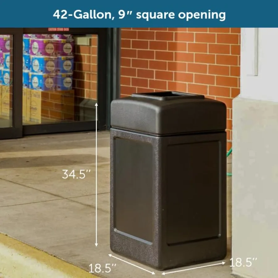 732101 OpenTop Indoor Outdoor Square 42 Gallon Large Waste Trash Container Bin Black for Efficient Waste Management in Resident