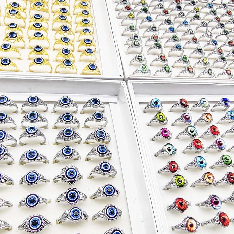 

30/100pcs/Lot Wholesale Gothic Devil Eye Finger Rings for Women Hot Fashion Colorful Mix Style Blue Eyes Ball Jewelry Girl Bar