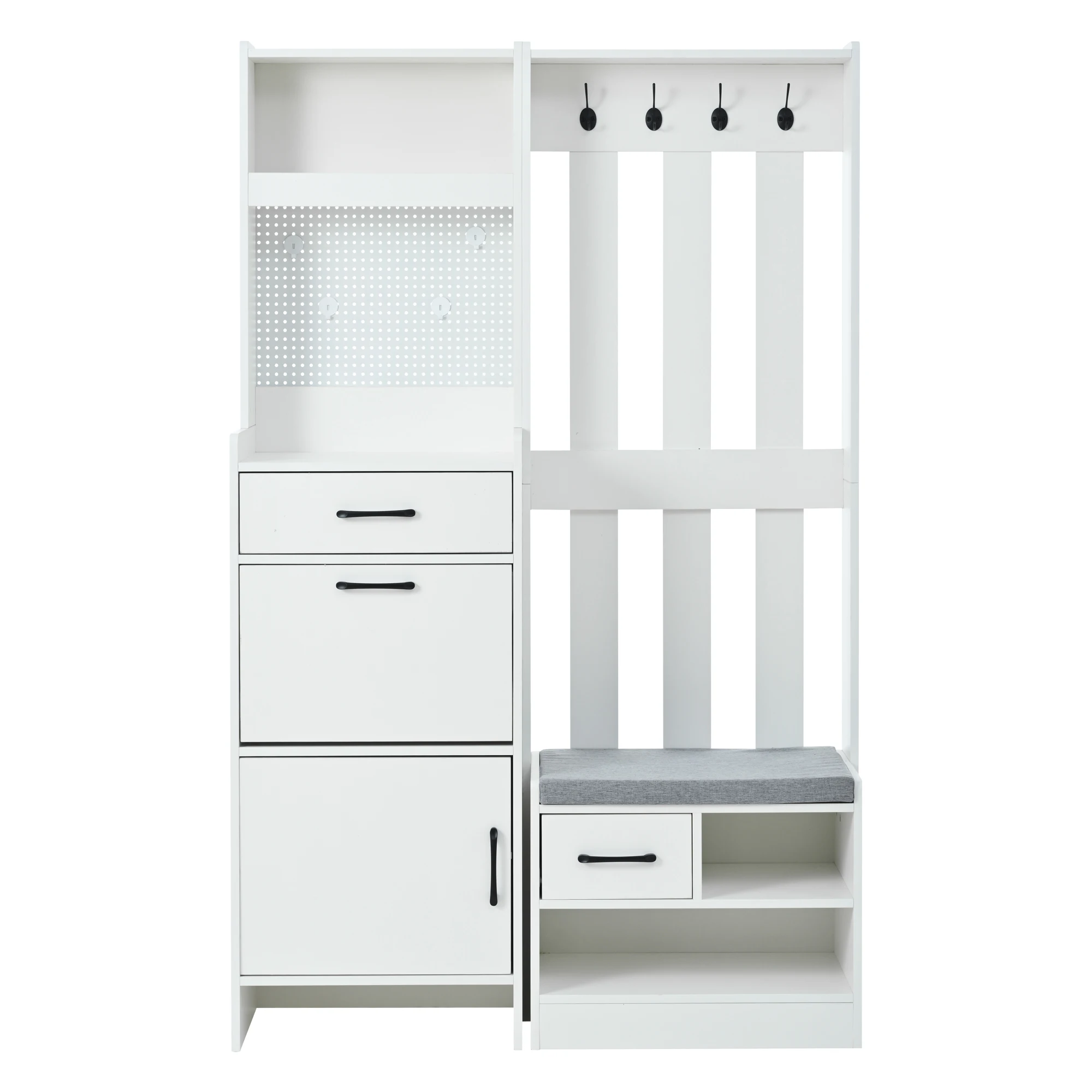 110 x 35 x 175,5 cm Garderobenständer und Kleiderständer für den Flur – 7-in-1 freistehender Eingangsbereich-Organizer mit Schuhbank, 7 Haken – Detail 21