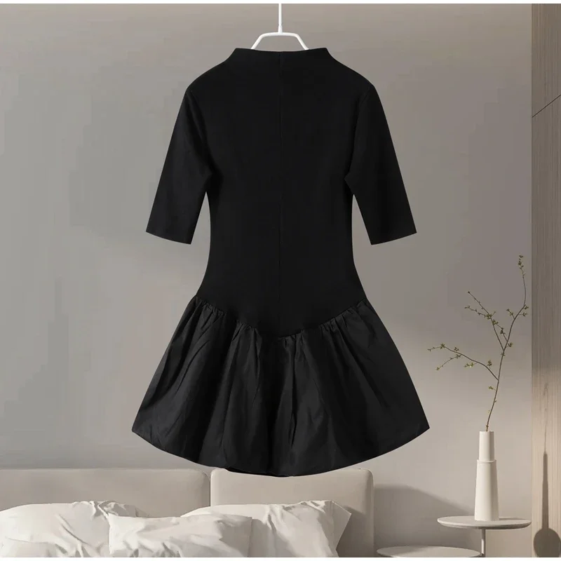Elegant Knitted Patchwork Brown A-line Dress Women O-neck Short Sleeves Pleated Ruffles Mini Dresses 2025 Lady Solid Vestidos