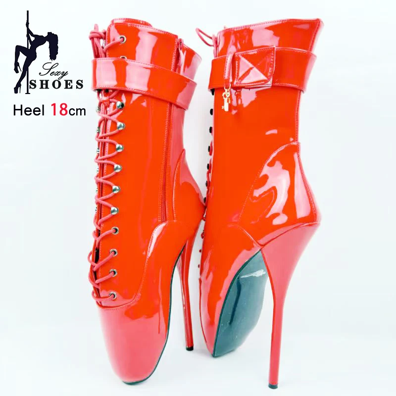 18CM/7'' Stiletto Heel Extreme Fetish Shoes Lock Wrap Strap Ballet Lace up Ankle Boots Women Size 36-46 Red Short Booties Mujer