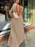 UOOZEE Office Lady Commute Pleated A-line Dress 2025 New Summer Fashion Solid Color Sleeveless Zipper Evening Maxi Dresses - Image 4