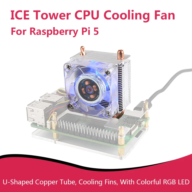 

Вертикальный охлаждающий вентилятор для ЦП ICE Tower для Raspberry Pi 5, U-образная медная трубка, охлаждающие плавники, с цветной RGB-подсветкой