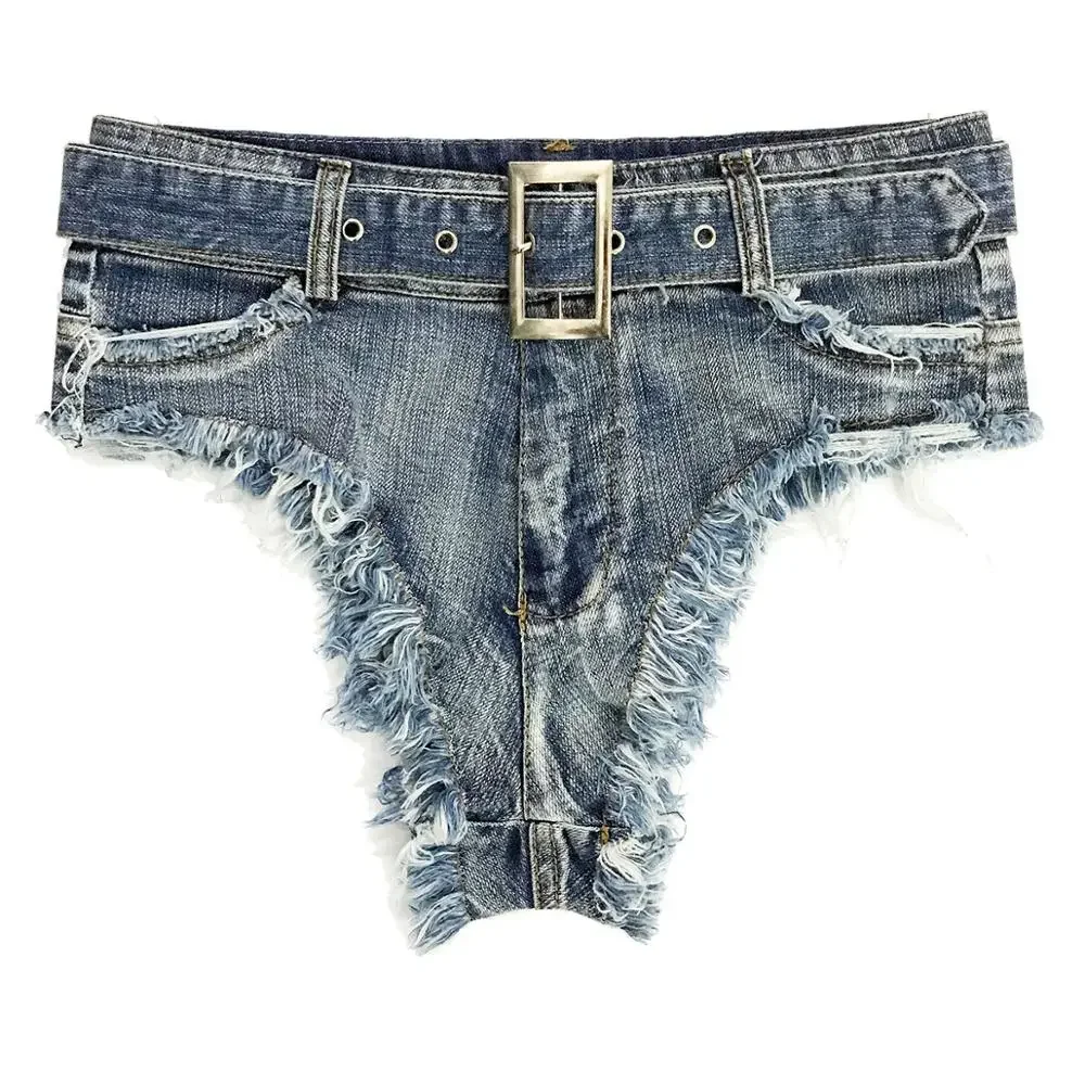 Summer Sexy Women Fashion Denim Hot Shorts Female Hole Mini Micro Denim Jeans Shorts Beach Ultra Low Waist Club Shorts with Belt