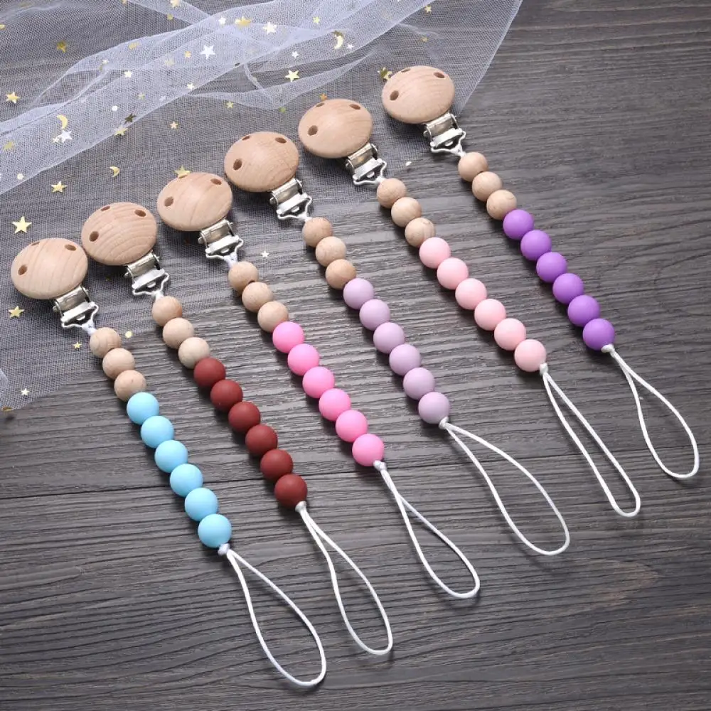 Baby Beech Pacifier Clip Round Colorful Silicone Teething Beads Food Grade Dummy Holder Soothe Chain Anti-drop Baby Nipple Chain 3