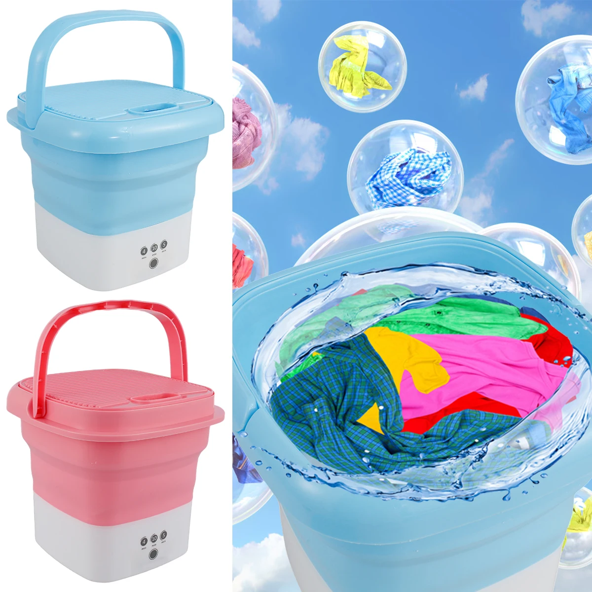 

Mini Portable Washing Machine Foldable Small Laundry Machine with Drain Basket Lightweight Washer Touch Screen and Timer