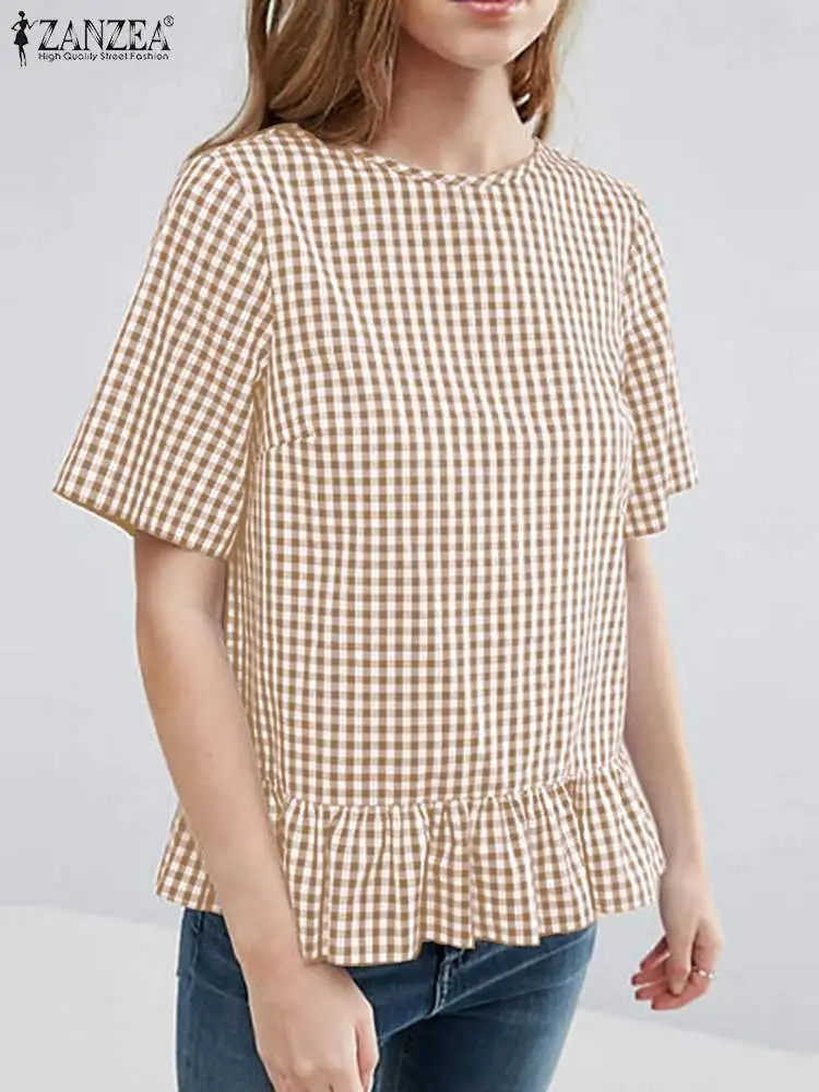 

ZANZEA Fashion Ruffles Hem Blouse Summer Grid Printed Short Sleeve Tops Woman Casual O Neck Shirt Female Office OL Loose Blusas