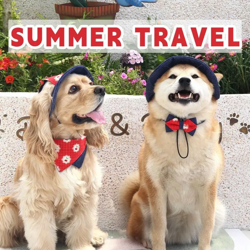 1Set Pet Summer Sun Protection Denim Bucket Hat Triangle Scarf Set Small Puppy Bow Tie Decoration Raiment Pet Accessories