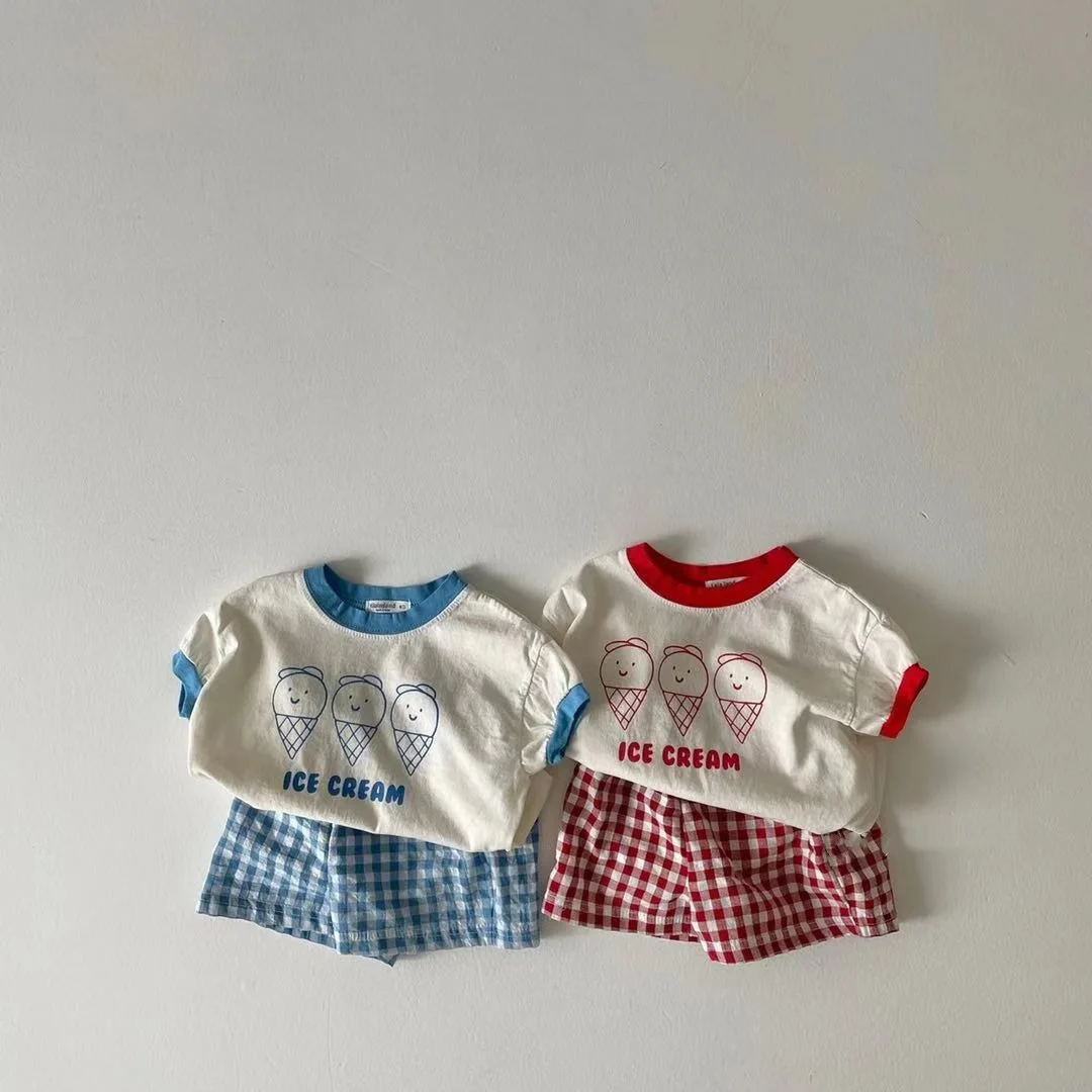 2022 Summer New Baby Cute Ice Cream Print Clothes Set Infant Boy Short Sleeve T Shirt 2pcs Set Cotton Baby Girl Plaid Shorts Set Baby Clothing Set classic