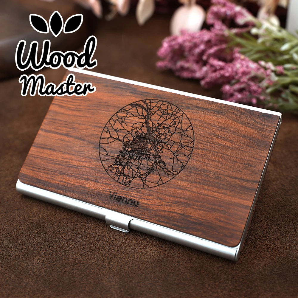 Wood Business card Holder Pocket Stainless Steel & Metal Business Card Holder Case ID Credit