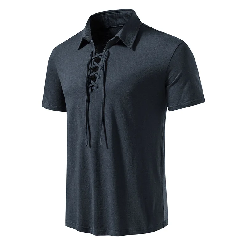 

New Lace-Up Casual Blouse Cotton Shirt Men Brand Slim Short Sleeve Tops Shirts Men Scottish Jacobite Ghillie Kilt Shirts Chemise