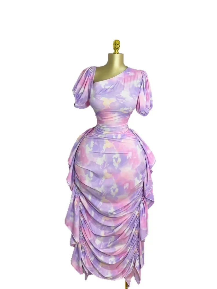 Wmstar Women Dresses Wholesale Puffed Sleeve Flower Print Slanted Collar, Printed Ruffled Tight and Elegant Dress New Dress