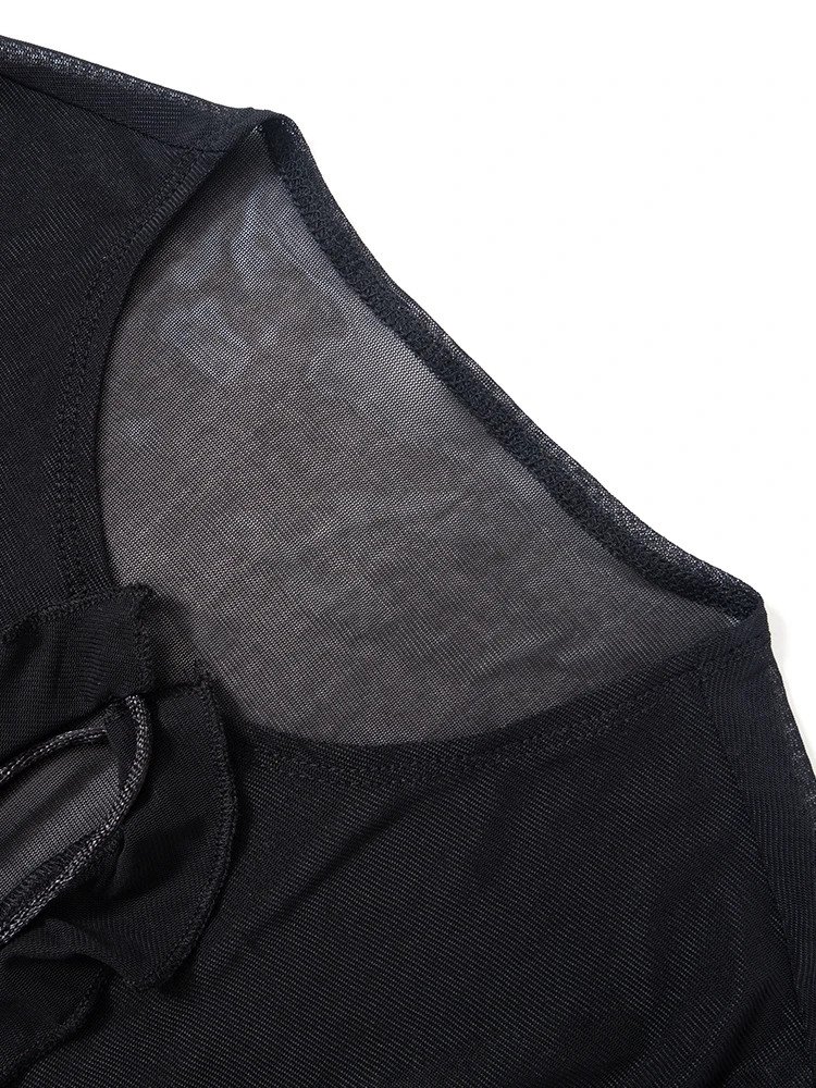 Cárdigan largo de malla para mujer, de verano, liso, con cuello bajo, manga larga y volantes, sexy, transparente, ropa de tendencia