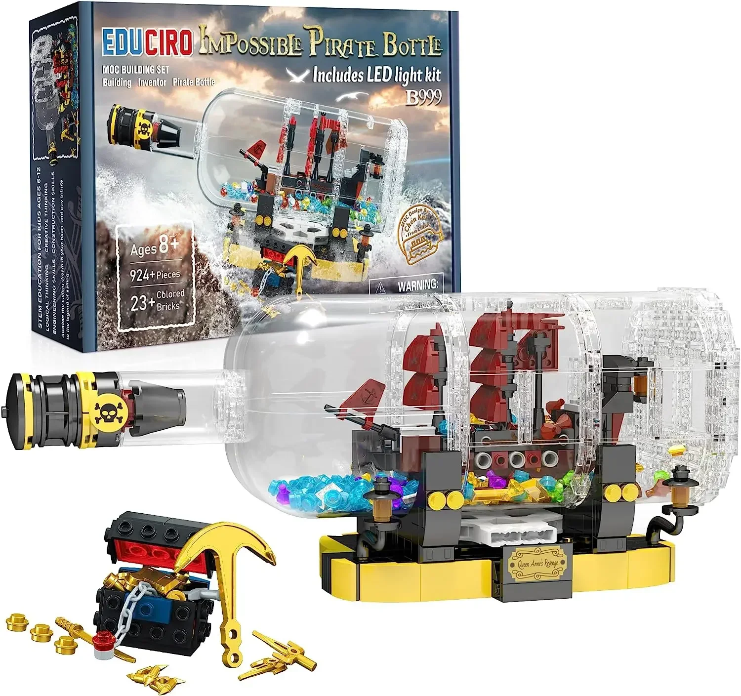 924 Pz Nave Creativa In Una Bottiglia Blocchi Di Costruzione Vela Rossa Nave Pirata Modello Mattoni Kit Con Luce Bambini Giocattoli Fai Da Te Regalo D