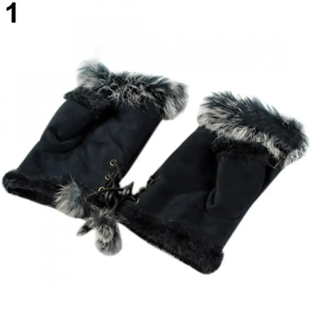 Faux Leather Gloves Winter Womens Faux Rabbit Fur Faux Leather Fingerless Mittens Wrist Gloves