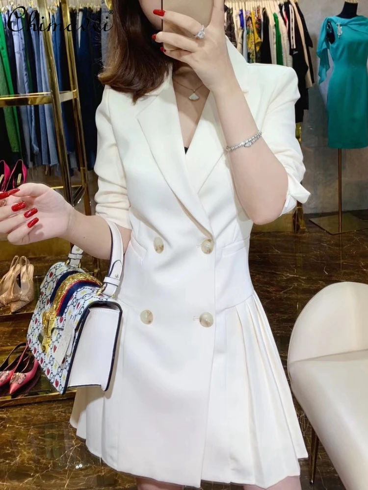 

Women White OL Suit Skirt 2024 Spring Commuter Notched Collar Long Sleeve Double Breasted High Waist Slim Fit Pleated Dresses