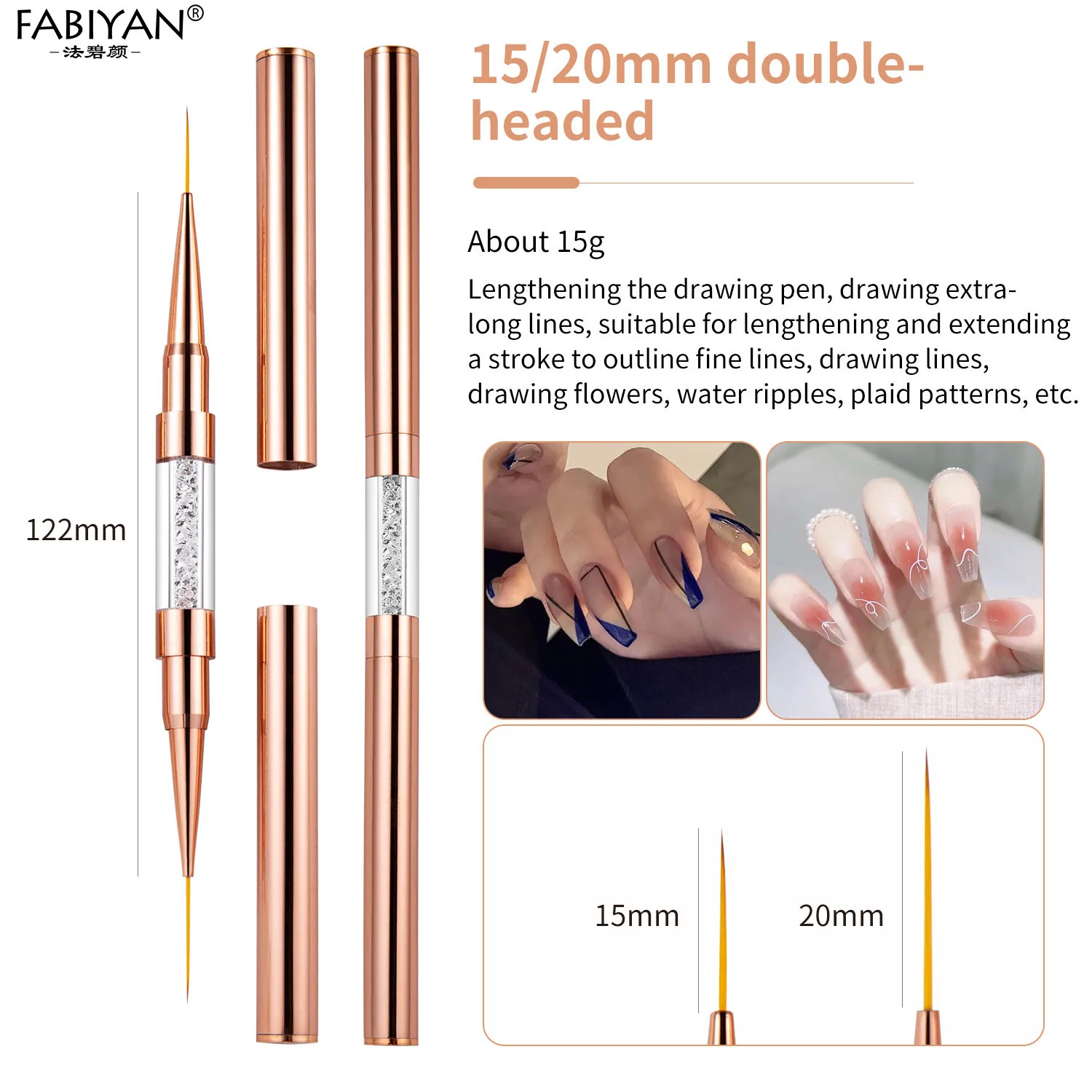 Rose Gold Nail Art Liner Brush with Rhinestone Handle - Double Head for Precision Drawing and Painting