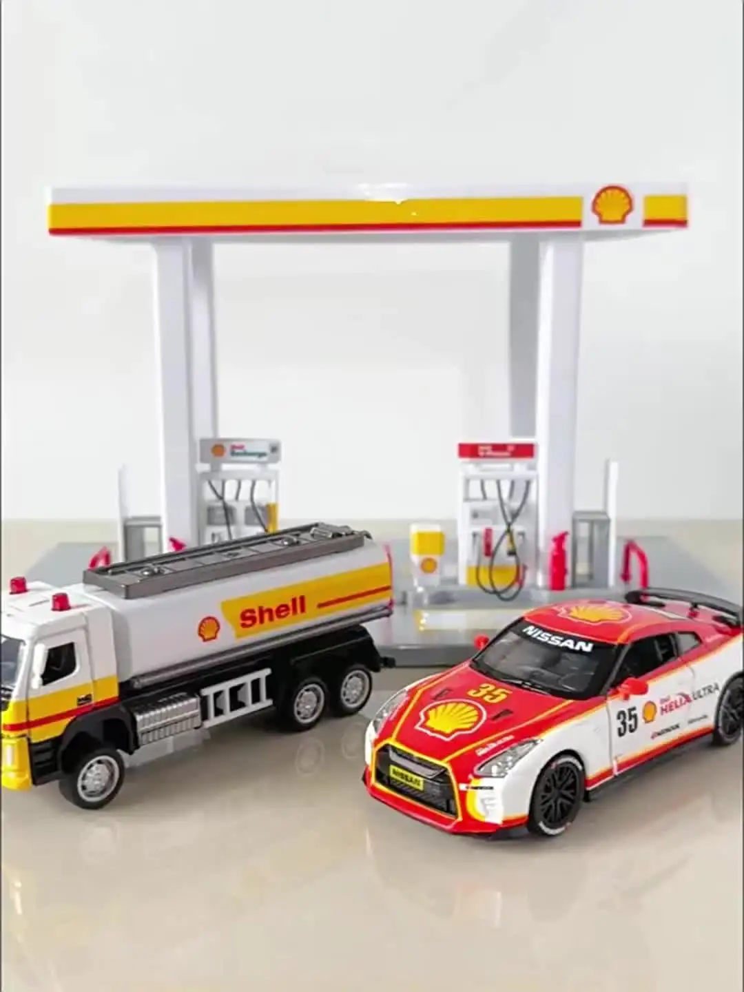 1:64ガスステーションのおもちゃモデル,gulf & shellミニカー,子供向け