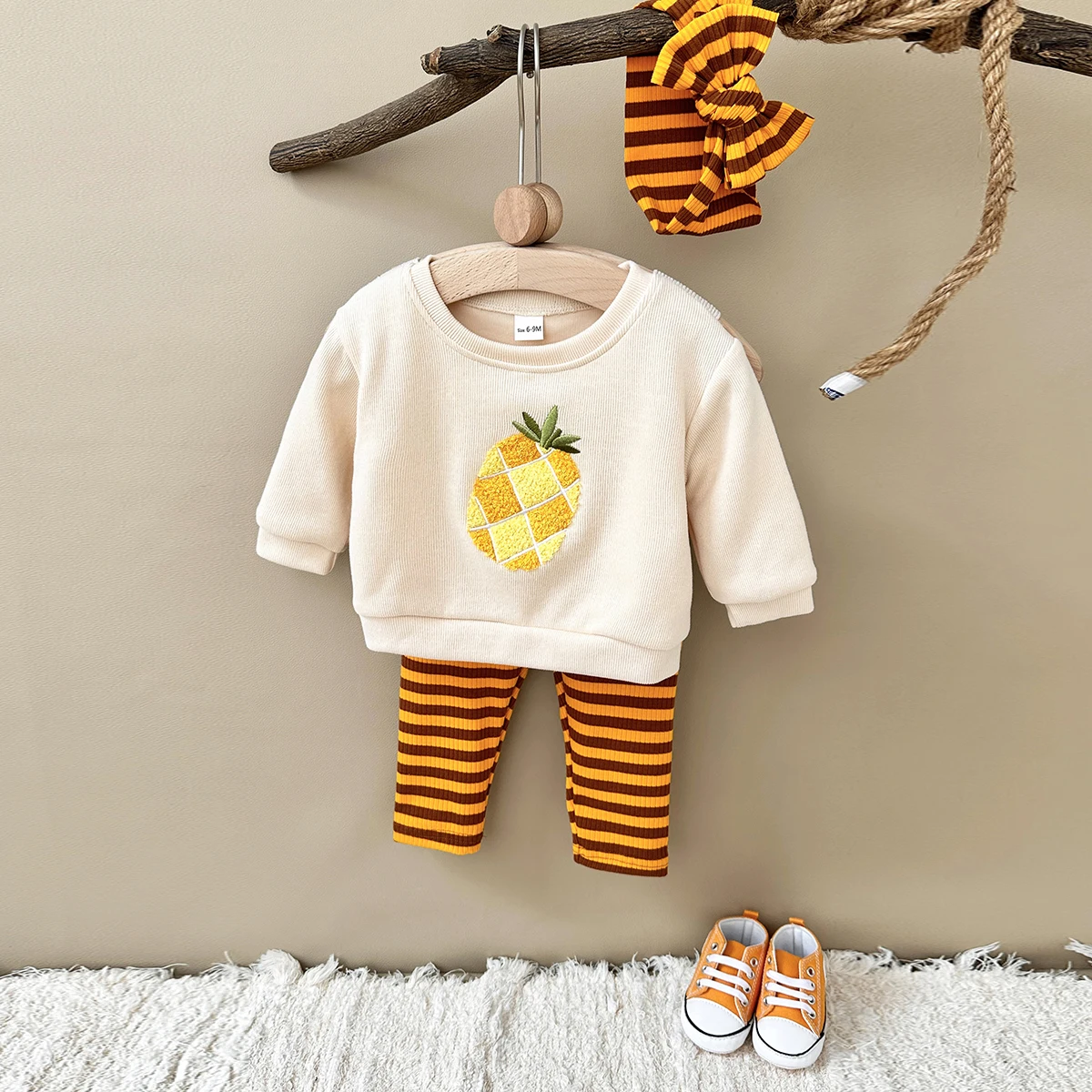 3PCS Newborn Baby Boys Clothes Long Sleeved Pineapple Pullover Shirt+Knit Pants+Hair Band Spring Autumn Soft  Children Clothing 6