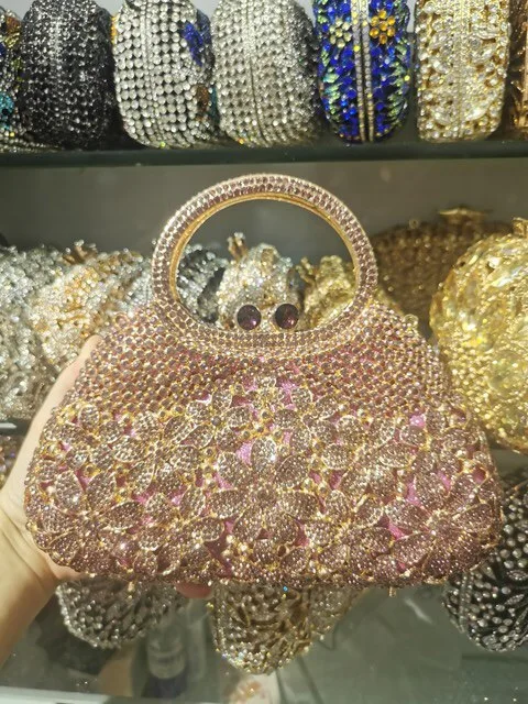 Gold Metal Pearl Top-Handle White Crystal Clutch Bag High Quality Women's Flower Diamond Wedding Bridal Handbags Fashion Bags