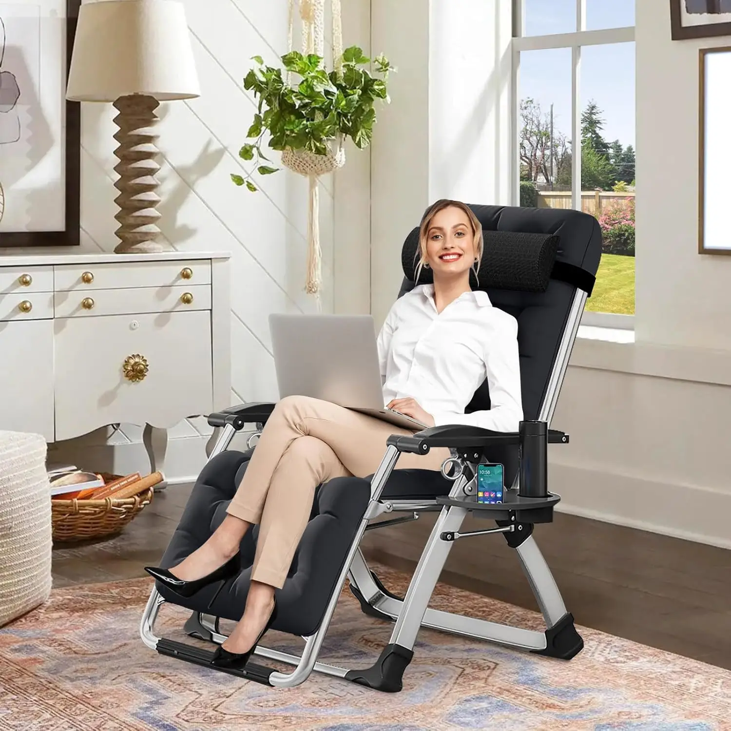 Comfy Folding Recliner Chair - Bedroom & Living Room, Patio Lounge Chair with Removable Cushion for Indoor Outdoor