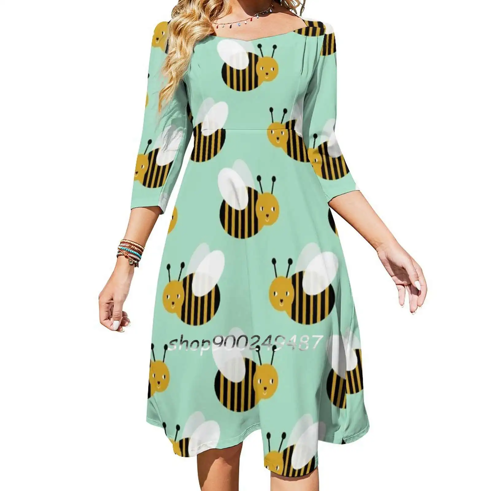 

Bee Pattern Print Minthoney Bees Nature Inspired Cute Flare Dress Square Neck Dress Elegant Female Fashion Printed Dress Bee