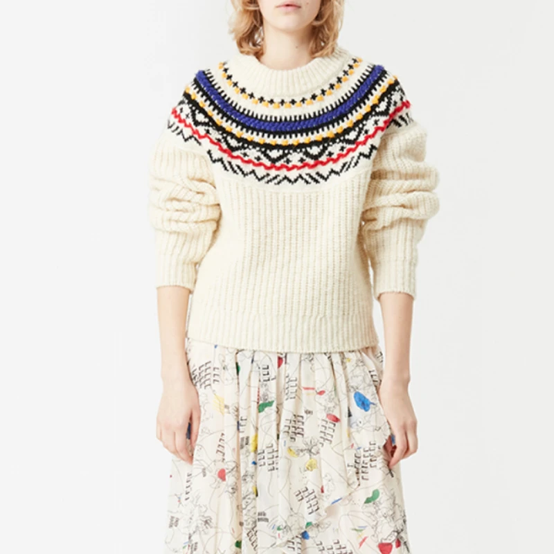 

Women's Retro Jacquard O-Neck Long Sleeved Sweater Autumn and Winter Wool Blend Pullover 2023 New Female Knitting Top