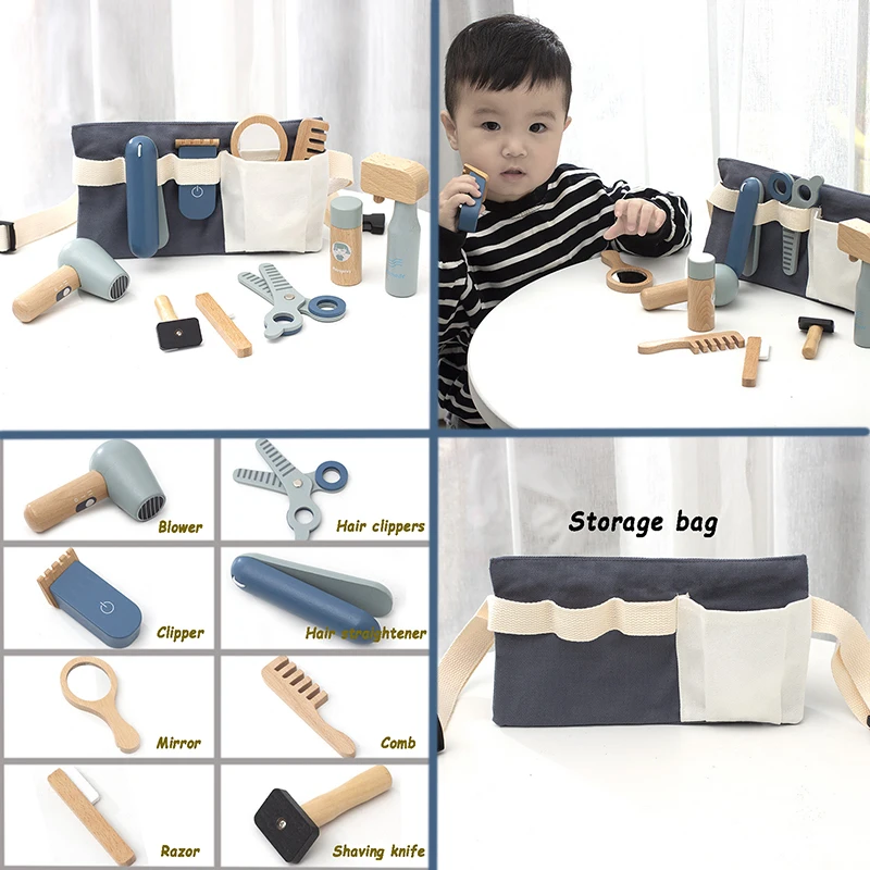 Wooden Makeup Haircut Toy Beauty Fashion Salon Playset Games Combs Hair Dryer Pretend Play House Barber Makeup Kit for Kids