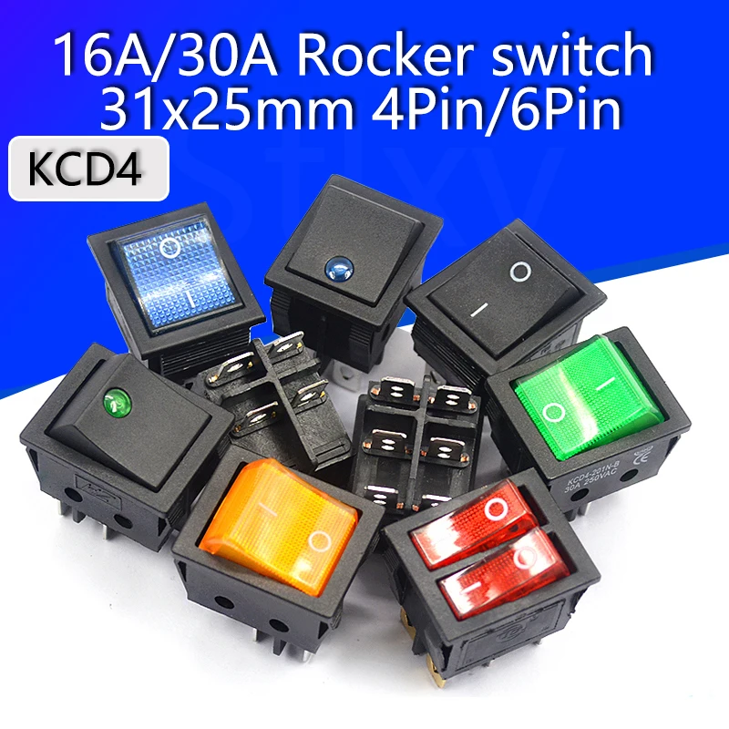 Rocker Switch: KCD4 Rocker switch ship type 4/6PIN red light green light 31x25mm 16A/30A 250v ON-OFF/ON-OFF-ON